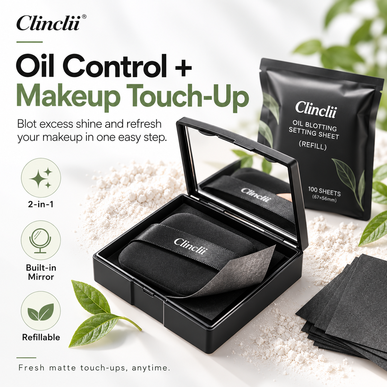 Clinclii oil control and makeup touch-up compact