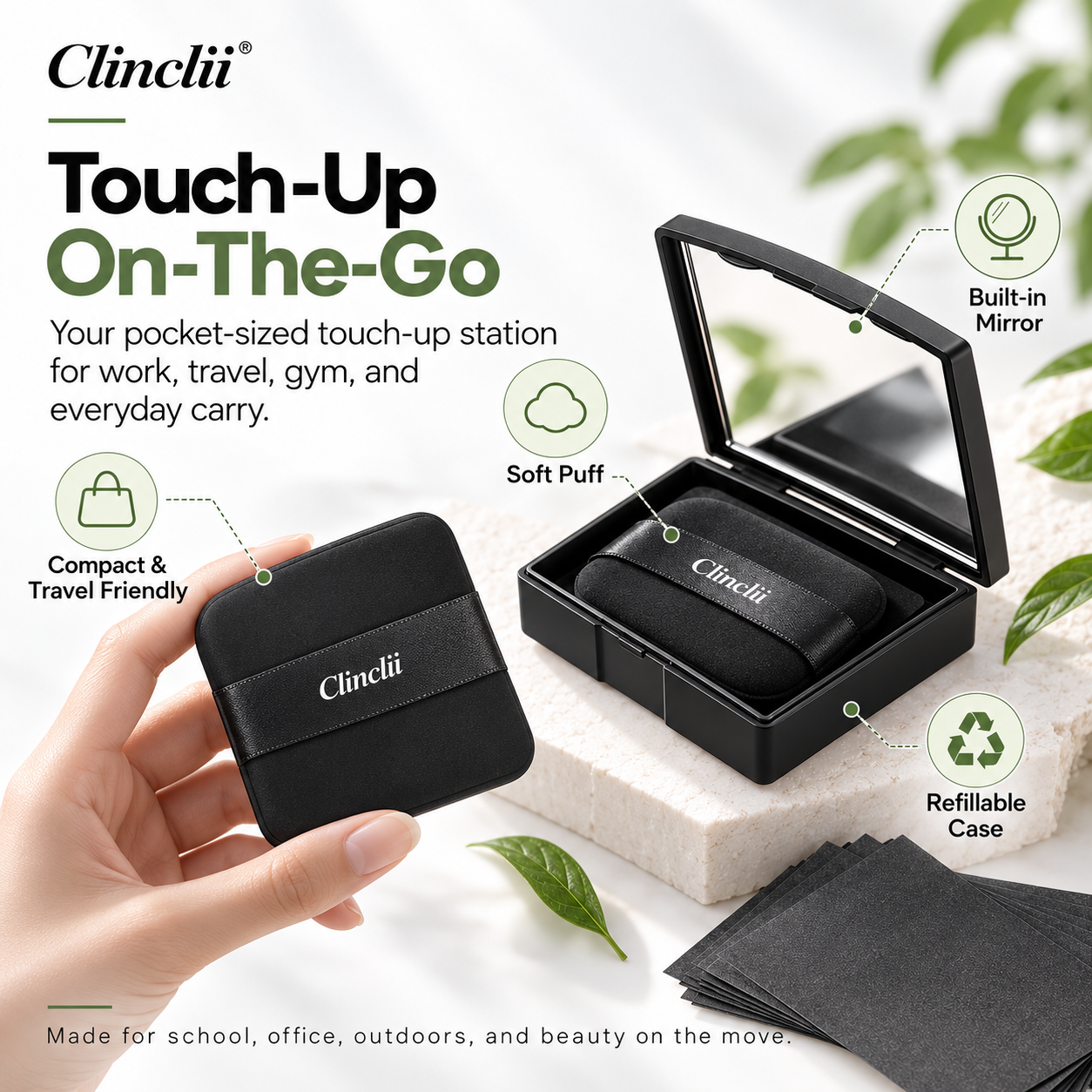 Portable Clinclii compact with mirror, puff and refillable case