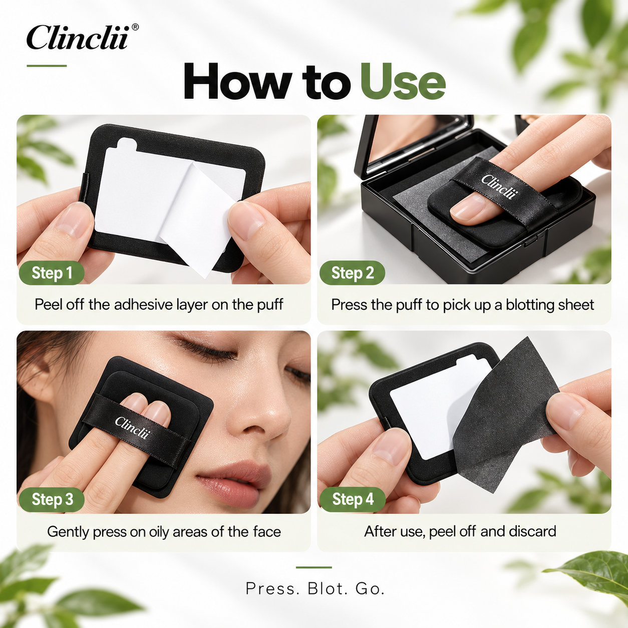 Four step guide showing how to use Clinclii blotting sheets
