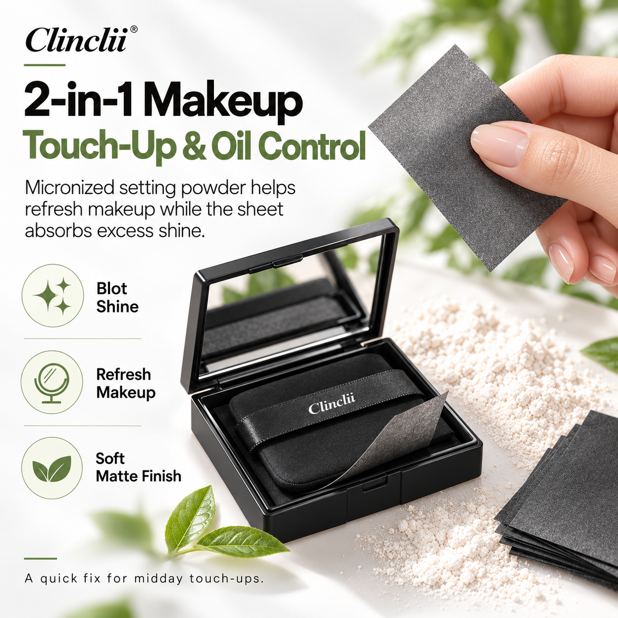 Clinclii 2-in-1 makeup touch-up and oil control