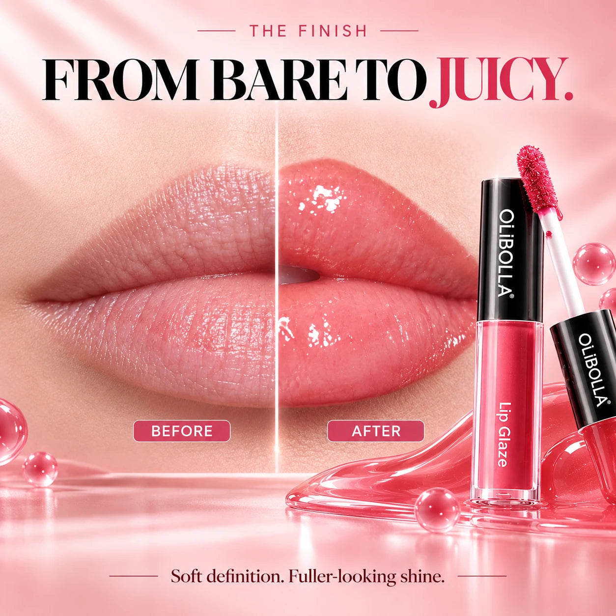 Before and after glossy lip finish