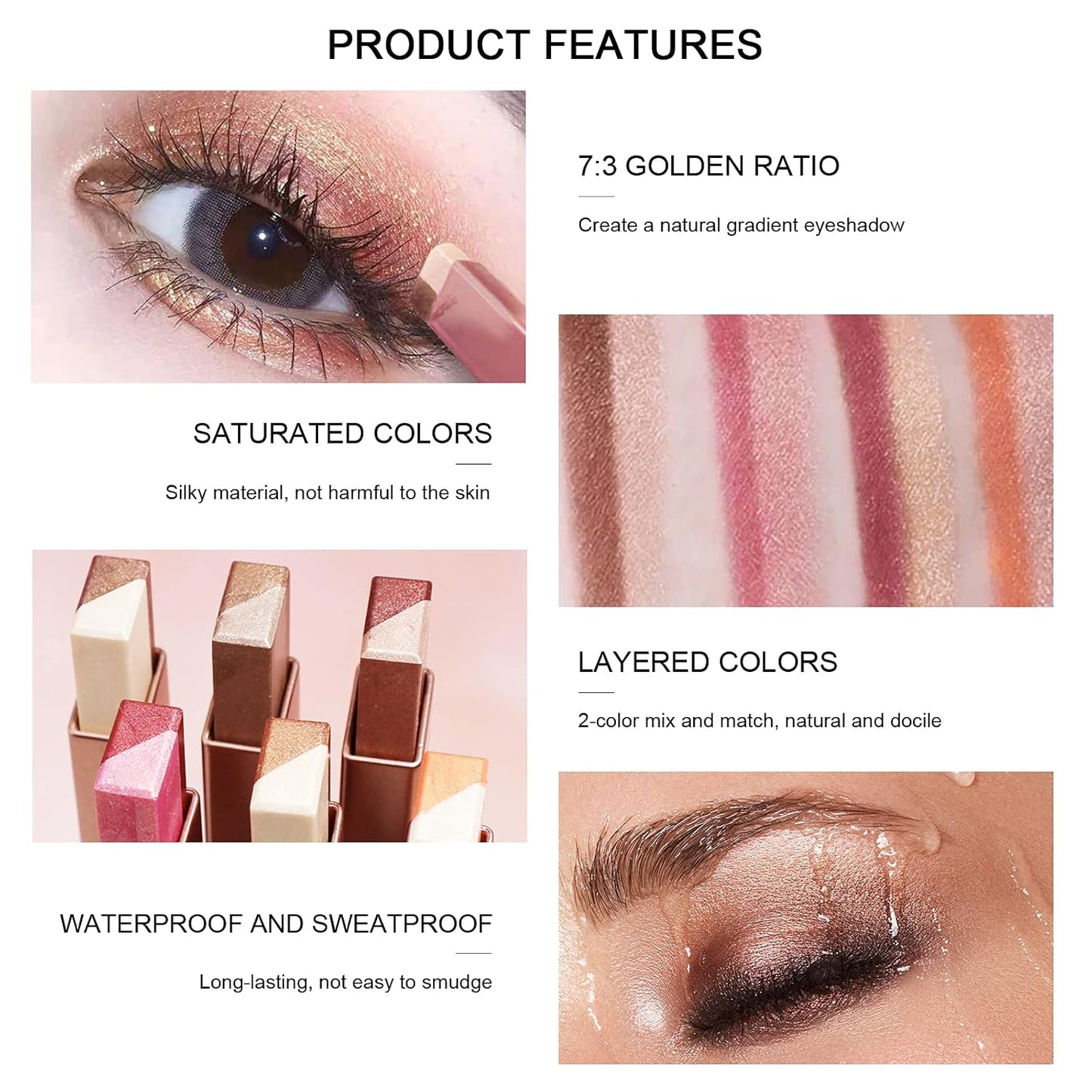Waterproof Duochrome Shimmer Eyeshadow Stick, Long Lasting Glitter Eye Makeup
