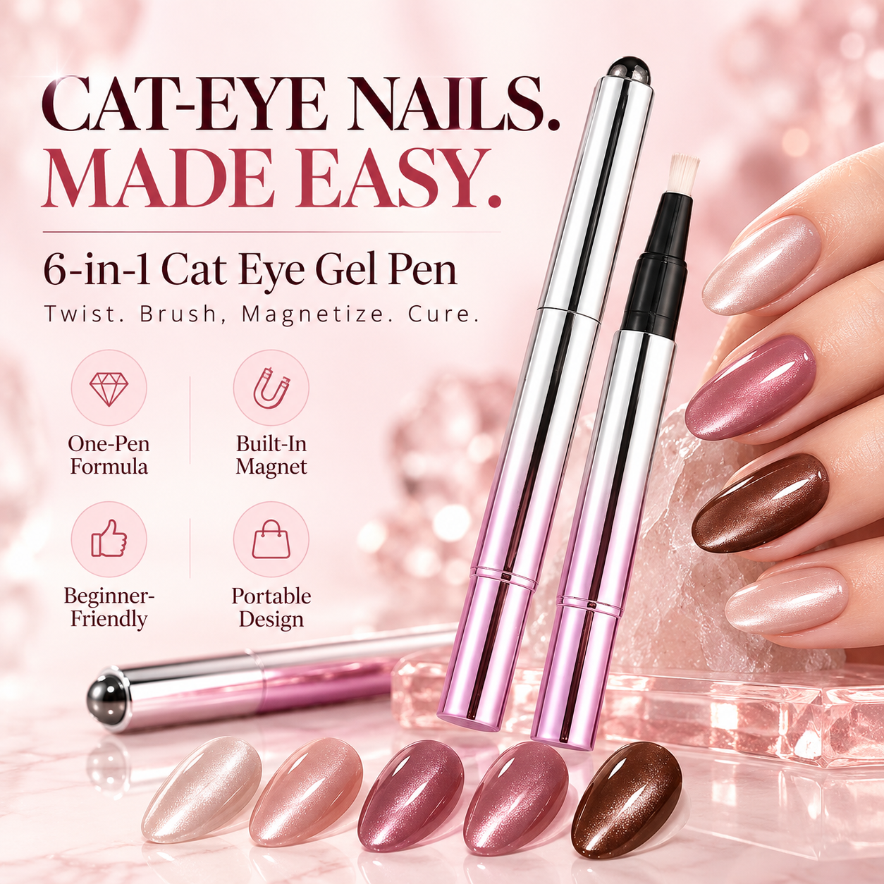 6-in-1 Cat Eye Gel Pen with five magnetic nail shades