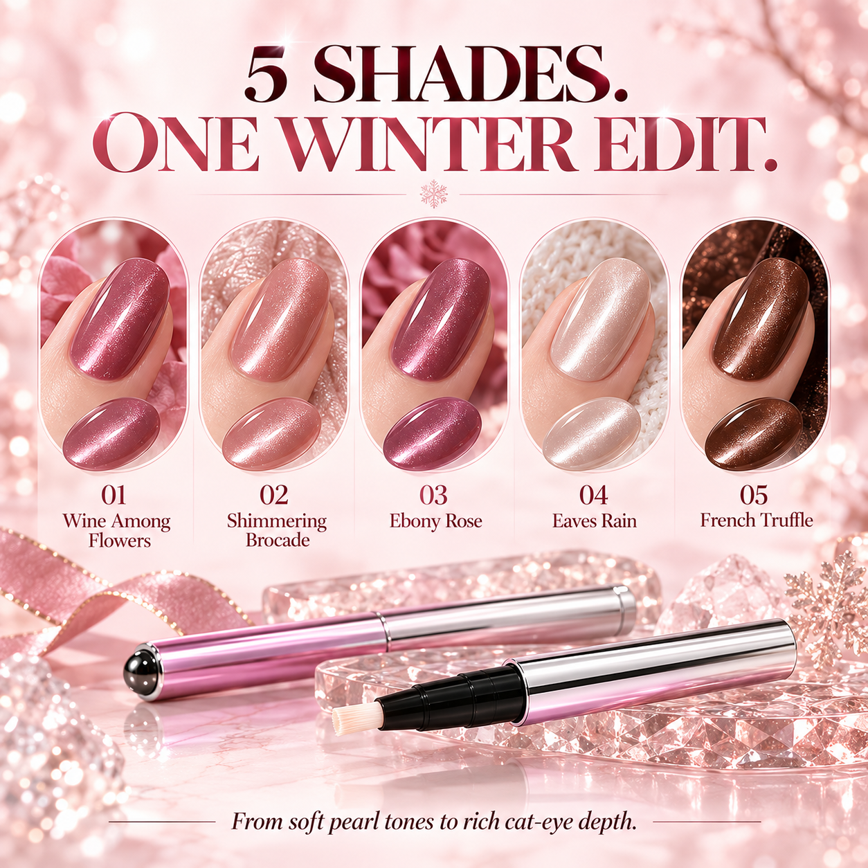 Five winter cat-eye gel pen shades